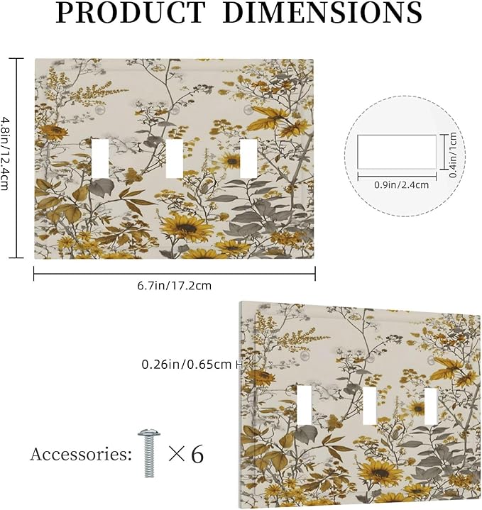 Boho Wildflowers Daisies Sunflowers Plant Floral Decorative Switch Plates 3 Gang Wall Plate Triple Toggle Light Switch Cover Faceplate Electrical Wall Panels for Bedroom Living Room Decor