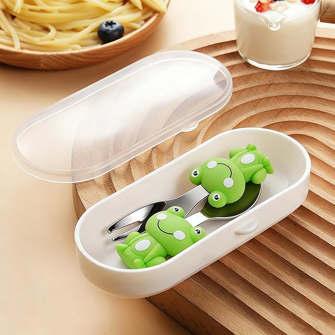 Toddler Utensils 4-Pack, Stainless Steel Toddler Forks and Spoons Set with Cute Frog & Corn Silicone Handles, Baby Kids Utensils, Children Safe Forks and Spoons Dishwasher Safe