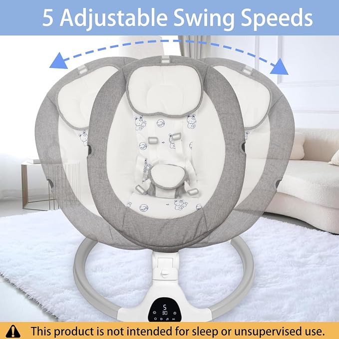 Electric Baby Swing for Infants, 5-Speed Adjustable Swing with Bluetooth Music, Timer, 5-Point Harness and Stable Base for Supervised Daytime Use (Light Grey)