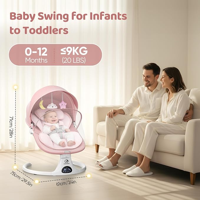 Baby Swings for Infants, Smelluck Baby Swing, Portable Electric Swing with Upgraded 3 Adjustable Backrest, 12 Preset Melodies, 5 Speeds, Remote Control and Bluetooth, Indoor and Outdoor Use