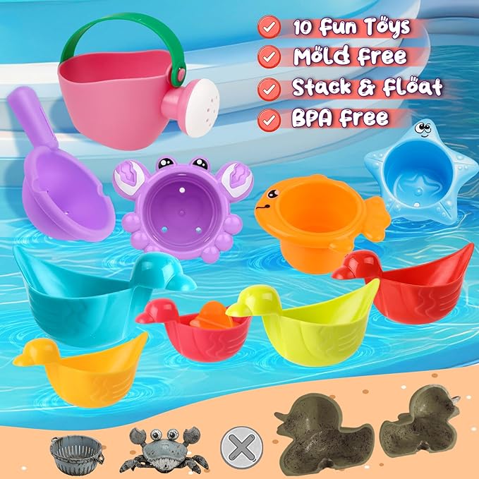 10 Pcs Bath Toys for Kids Ages 1-3, Bathtub & Pool Water Toys for Toddlers 1-3 & Babies 12-18 Months, Water Table Accessories with Floating Ducks, Stacking Cups & Pouring Fun for Boys Girls