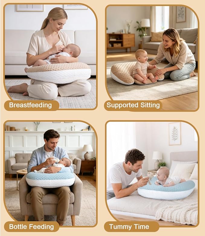 Multifunctional Nursing Pillow, Wider Breastfeeding Pillow with Minky Dot & Breathable Mesh, Anti-Slip Base for Tummy Time & Baby Sitting Support, Removable Soft Cover, Large Opening for Most Body