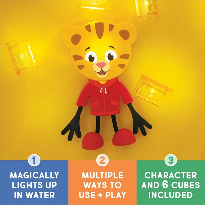 Glo Pals Water Daniel Tiger Activated Light-Up Sensory Bath Toy Character and Vibrant Cubes for Bathtime and Sensory Play, Pack of 6