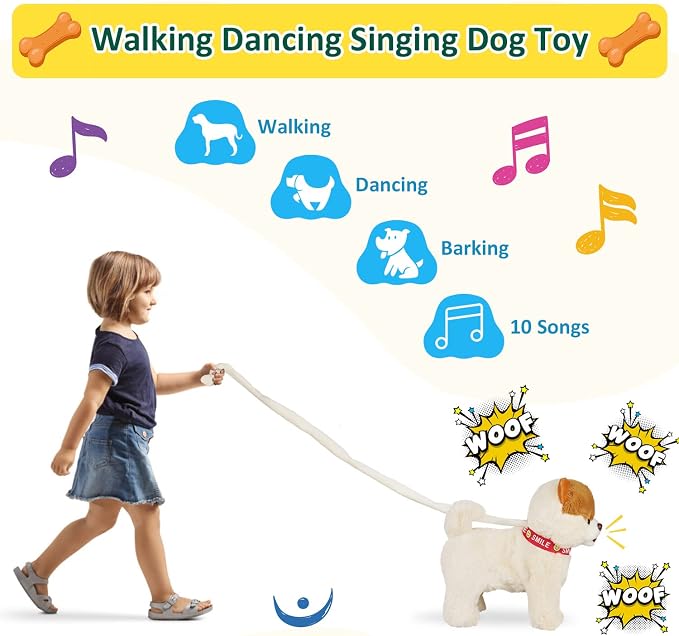 Marsjoy Musical Walking & Dancing Dog Toy with Leash - Interactive Plush Stuffed Animal for Boys & Girls