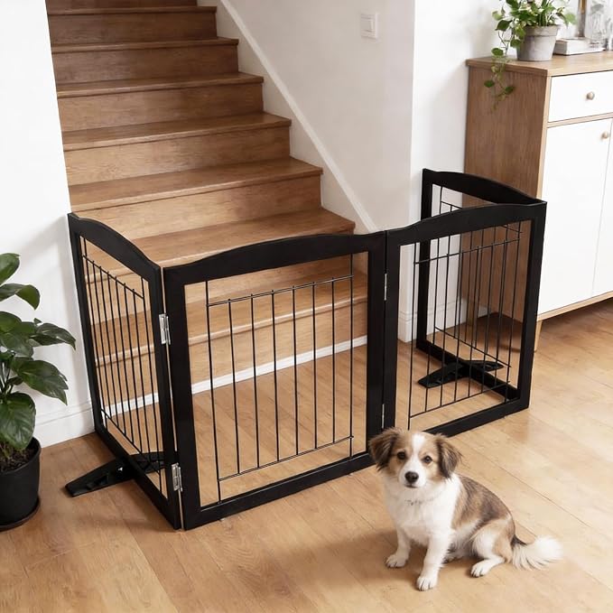 Dog Fence Indoor,Dog Gate Indoor for Doorway pet gate -6-Panel Freestanding, Hallways, House or Stairs -120x24-Inch Retractable Foldable Expandable Wood Pet by SFJC (Black) ﻿