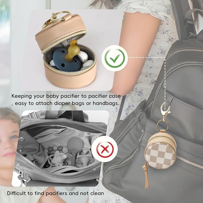 miss fong Checkered Pacifier Holder Case with Clip, Pacifier Pouch Cover, Pacifier Charm Pod with Clasp Attach to The Strollers & Diaper Bags, Hold 2 Pacifier or Nipple Shield(White Checkered)