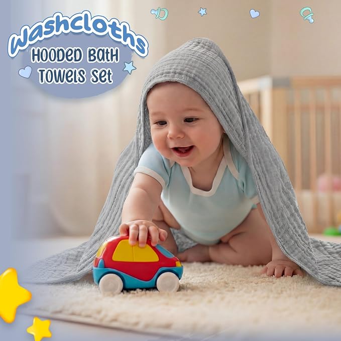 Breling 3 Pcs Muslin Hooded Baby Towels, 32 x 32 Inch 100% Muslin Cotton Newborn Bath Towel Absorbent Blankets Bath Essentials Registry Gift for Newborn, Infant Baby, Toddlers (Light Gray)