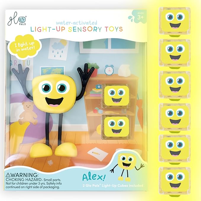 Glo Pals Water-Activated Light-Up Sensory Bath Toy Character and 6 Cubes for Bathtime and Sensory Play, Alex, Glows Yellow