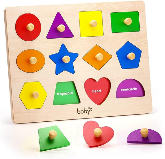 Boby Shape Color Puzzle for Toddlers 1-3, Montessori Learning Toys for 1 + Year Old Girl, Jumbo Knob Wooden Pegged Chunky Shapes Puzzles for Kids Ages 3, Baby Educational Toys 12-18-24 Months Boys