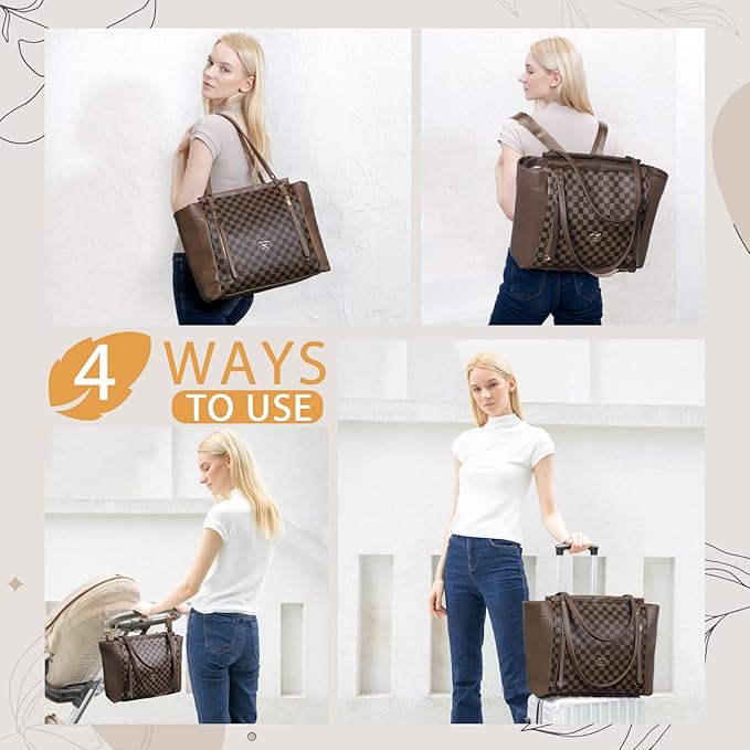 miss fong Checkered Diaper Bag Tote Leather Diaper Bag Backpack, Large Capacity Mommy Bag Hospital Bag, 12 Pockets Travel Diaper Tote with Changing Pad for Mom Plaid Tote Bag for Women-Coffee