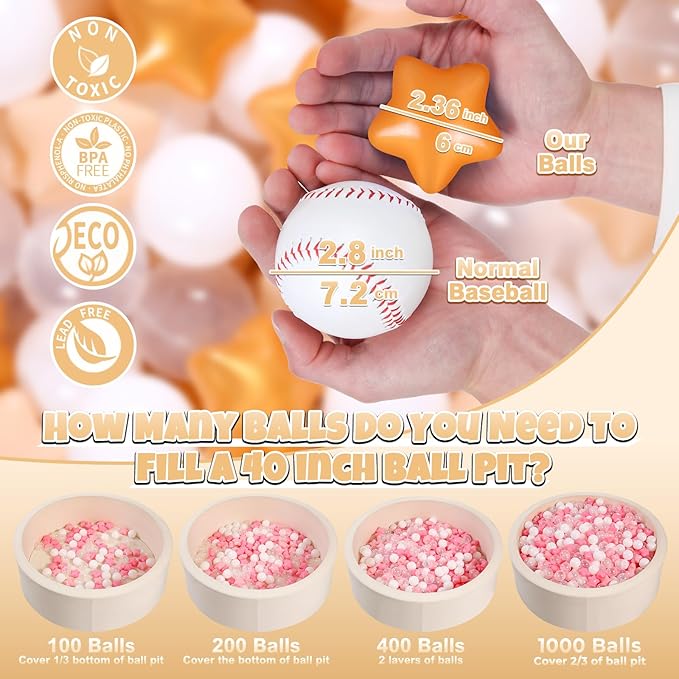 GOGOSO Ball Pit Balls with Starballs 100 - Crushproof Plasticballs for Babies Toddlers Kids Children for 1 2 3 4 5 Years Old,5 Colors,2.15inches, Beige Gold White Clear