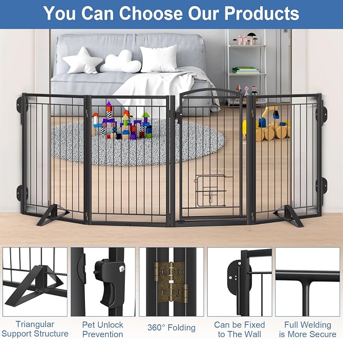 Full Metal Freestanding Dog Gate with Cat Door for Indoor & Outdoor,32" Tall Foldable Dog Fence,80" Extra Wide Free Standing Pet Gate for Large Openings,Stairs,Deck,Yard,Doorways(4 Panels,Black)
