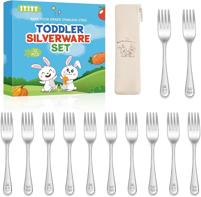 12 Pieces Stainless Steel Toddler Forks Set Kids Forks - Food Grade Kids Silverware Set Children Safe Small Forks Mirror Polished Sturdy and Durable Dishwasher Safe