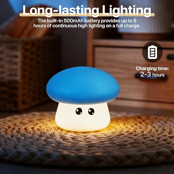 Cute Blue Mushroom Night Light for Kids Rechargeable, Battery Operated Nightlight 3 Level Dimmable with RGB&Timer, Silicone Touch Nursery Lamp for Baby Girls Boys Bedroom Gifts