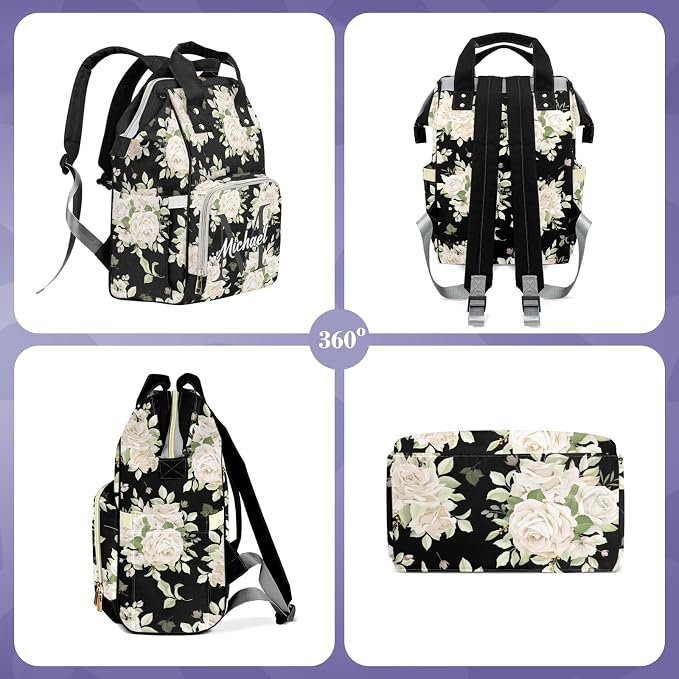 Custom Diaper Change Backpack, Large Capacity Floral Baby Bag, Personalized Multifunction Mommy Backpack With Insulated Pockets, For Boys & Girls