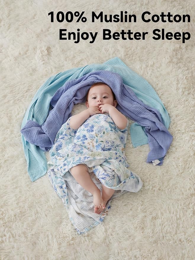 TILLYOU 3 Pack Muslin Swaddles for Newborns Baby Blankets for Girls Boys Cotton Swaddle Blankets 40"X40", Blue Flower