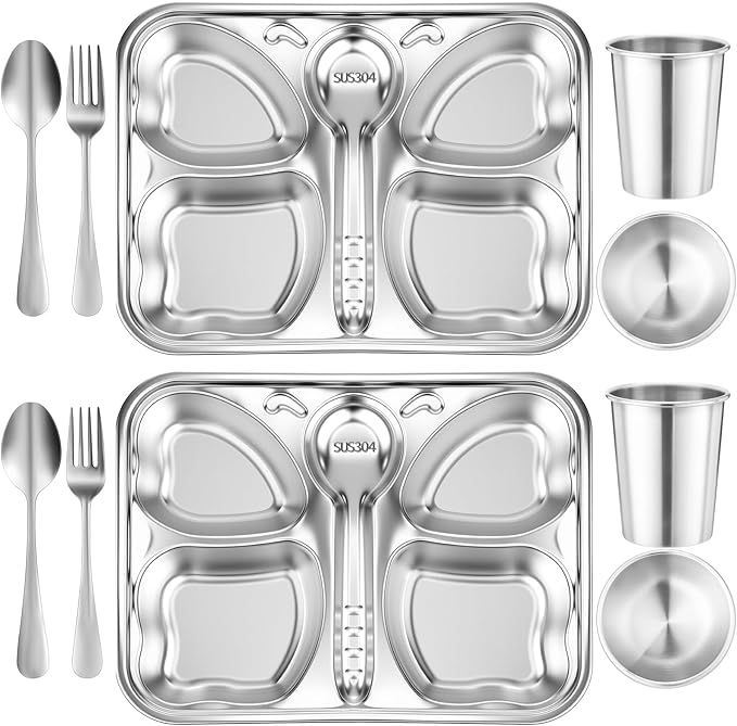 Jinei 10 Pieces Kids Stainless Steel Utensils Set Include 2 Butterfly Shaped Plates, 2 Bowls, 2 Cups, 2 Spoons, and 2 Forks, Stainless Steel Dinnerware Set for Toddler Utensils Silverware
