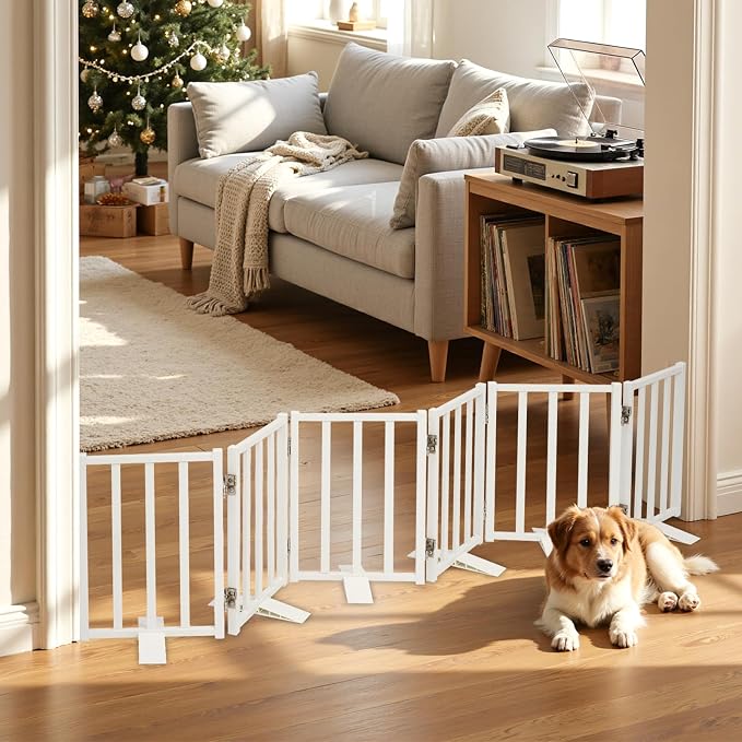 Snagle Paw Short Dog Gate,16.5" Tall Freestanding Metal Dog Gate Only for Small Dogs with Support Feet Easily Step Over,Up to 72" Wide Puppy Gate Indoor for Stairs,Doorways(White,6 Panel)