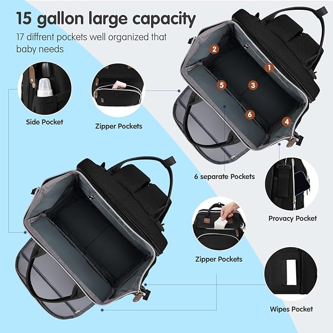 DERJUNSTAR Baby Diaper Bag Backpack, Diaper Changing Station, Baby Bags for Boys Girls,Waterproof Changing Pad,USB Charging Port,Pacifier Case, Sunshade and Toy Bar,