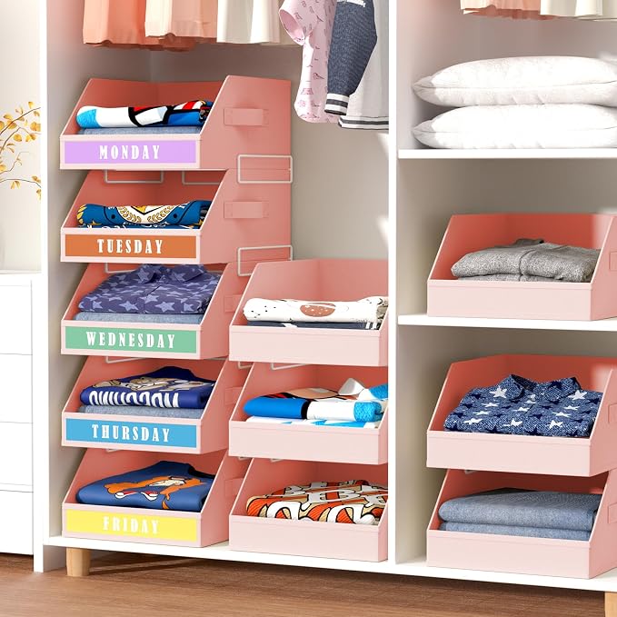 DIMJ Closet Organizers Storage Bins - Clothes Organizer Kids with Weekly Labels & Frame, Stackable Basket Organization, Foldable Shelf Storage Container for Wardrobe Bedroom