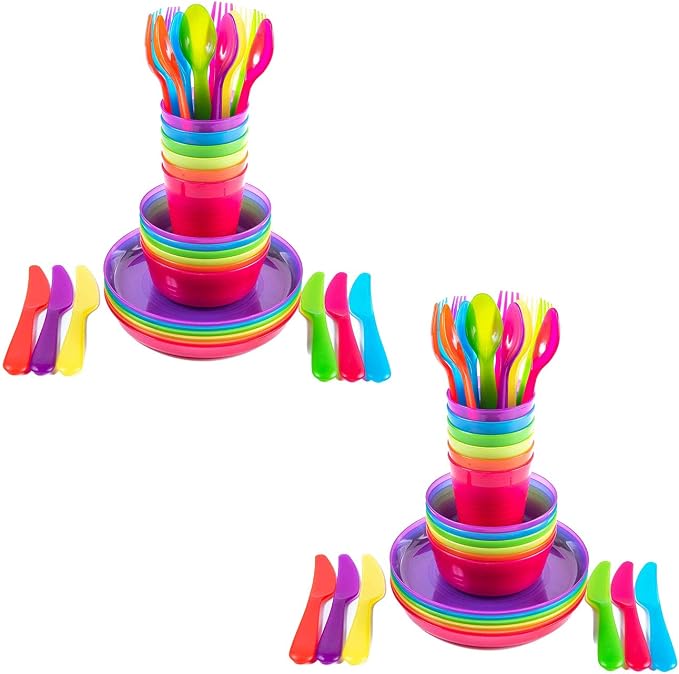 Kids Plastic Dinnerware Set of 72 Multi Color Pieces (Plates, Bowls, Cups and Flatware) - Reusable, BPA-Free, Dishwasher Safe and Microwaveable