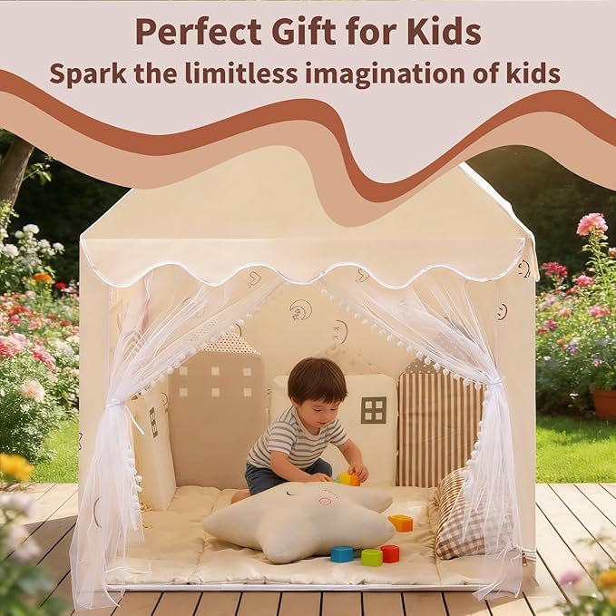 Kids Tent, Indoor & Outdoor Play Tent for Children, Toy House with Smiley Face & Star Lights, Birthday Party Decoration, Playhouse, Unisex, Birthday Present for Kids, Beige