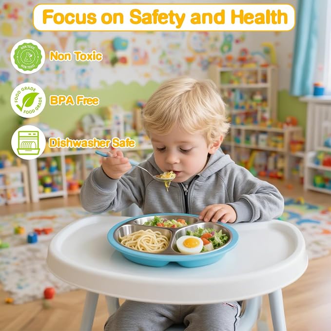 2 Pcs Stainless Steel Toddler Plate with Suction,Metal Toddler Divided Plates with Removable Silicone Sleeves for Kids, Non Slip Unbreakable Baby Snack Dishes (Blue & Green)