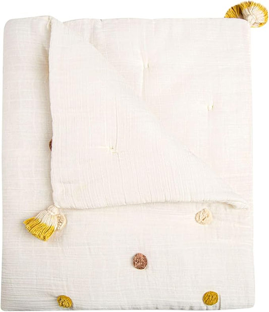 Crane Baby Blanket, 36??x 36?? Soft Cotton Pom Pom Nursery Blanket for Boys and Girls, Cream