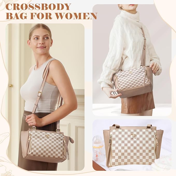 miss fong Checkered Small Diaper Bag Crossbody Diaper Bags, Diaper Bag Purse, Diaper Clutch Crossbody Bag leather Crossbody Bags for Women-Beige&honey