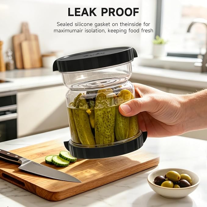 SOPHICO Pickle and Olives Jar Container with Strainer Flip, Leak-proof Juice Separator Hourglass Food Saver Storage Container (Transparent Black)