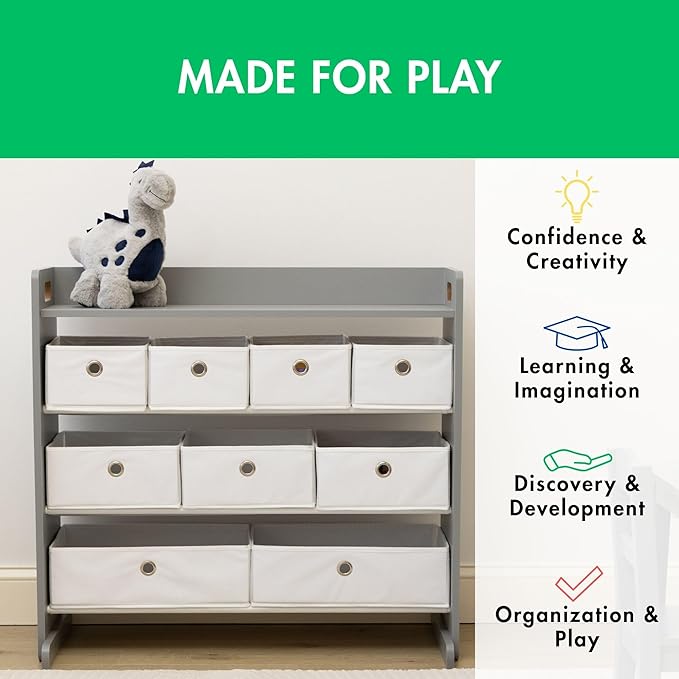 Humble Crew Toy Storage Organizer with Top Shelf and 9 Fabric Bins, Grey/White ??Toddler Bookshelf with Toy Organizer - Modern Toy Rack Ideal for Kids' Rooms, Playrooms, and Nurseries