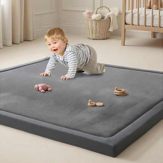 Goyuu Ultra Soft 1.3" Thick Baby Play Mat for Floor, 71x79 Playpen Mat Elasti-Foam Padded Crawling Mat for Babies, Toddlers, Infant, Kids, Non-Slip Backing Safe for Tummy Time, Grey