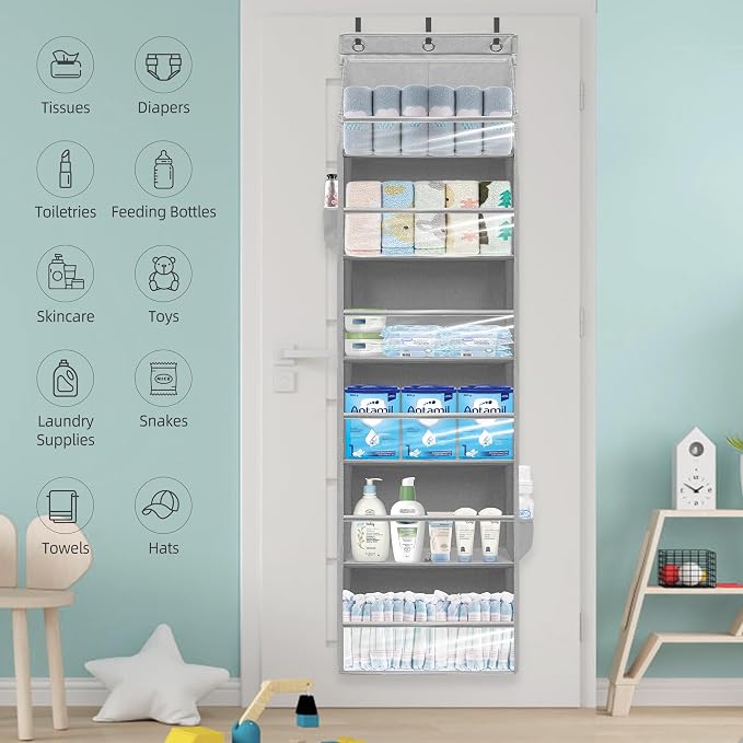 Over Door Organizer with 6 Extra Large Pockets 12 Side Pockets, Sturdy Closet Storage Rack, Hanging Storage Organizer with Clear Window for Shoes, Diapers, Bedroom, Bathroom, Grey, 3-Pack