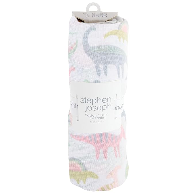 Stephen Joseph, Muslin Swaddle Blanket for Baby Girls and Boys, Newborn Receiving Blanket for Swaddling, 100% Cotton Baby Swaddle Wrap, Receiving Swaddle Wrap, 47 x 47 inches, Pink Dino