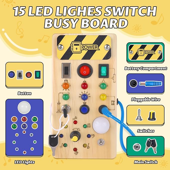 Sumsoltic Montessori Busy Board for 1-3 Toddlers | LED Light, Sensory Learning Toy
