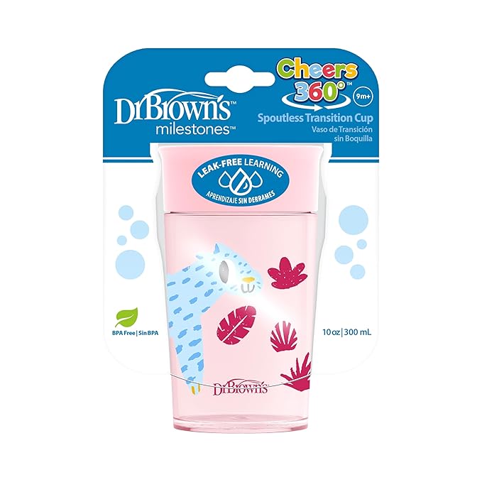 Dr. Brown's Milestones Cheers 360 Spoutless Transition Cup, Travel Friendly and Leak Free Sippy for Babies and Toddlers, Pink Animals, BPA-Free, 10 oz/300 mL, 9m+, 1-Pack