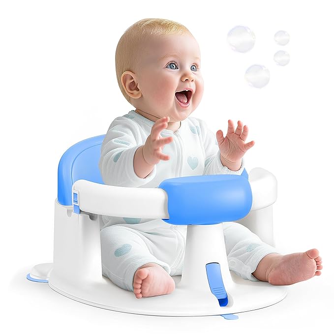 Baby Bath Seat Baby Bathtub - with Strong Suction Cups and 360° Surround Support ??Easy Release, Non-Slip Cushion, Lockable Armrests ??Infant Bath Chair for Babies 6-24 Months, Blue