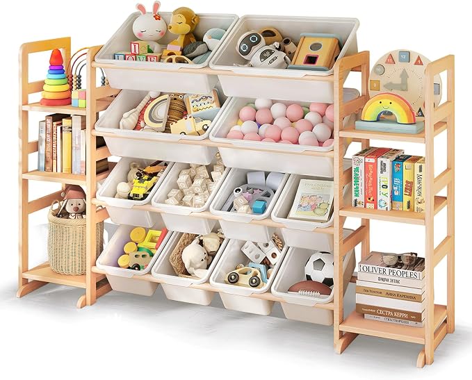 Wooden Toy Storage Organizer with 6 Shelves and 12 Bins, Toy Organizer Storage Kids Bookshelf, Toy Shelf for Playroom, Nursery, and Bedroom
