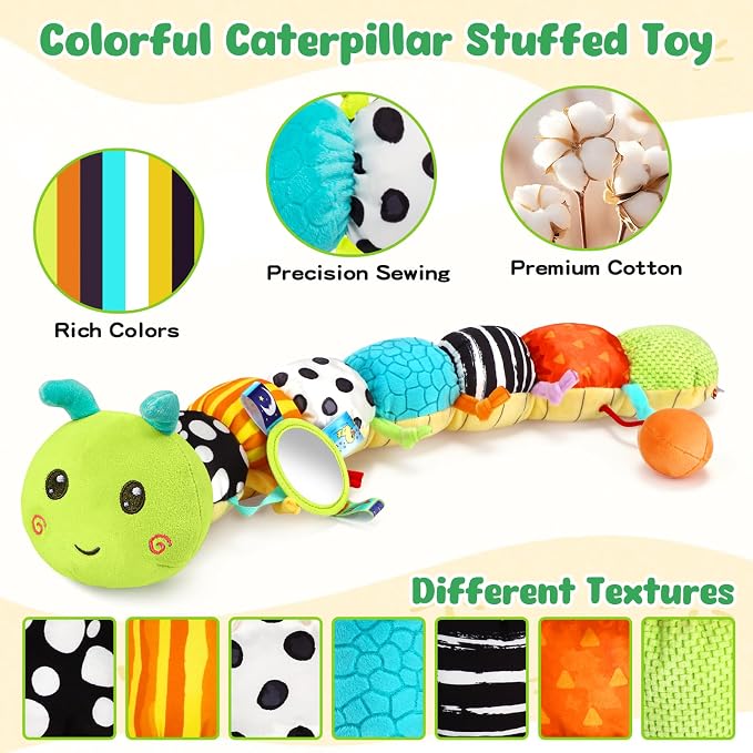 Baby Caterpillar Toys 0-6 6-12 Months, Stuffed Musical Animal Sensory Toys for Babies 3-6 Months with Rattles Crinkle Mirror Squeaker, Infant Tummy Time Toys, Newborn Baby Boy Girl Gifts