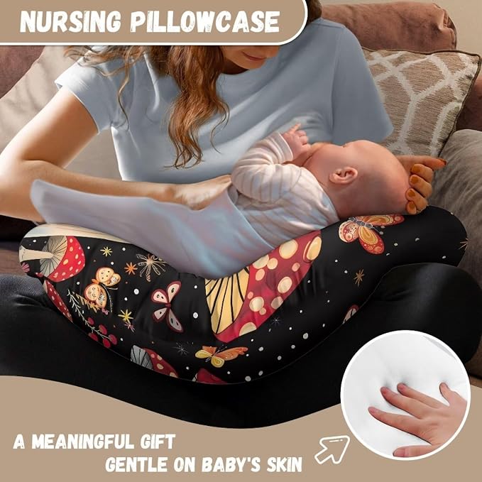 Mushroom Butterfly Girls and Boys Feeding Pillow Case Soft Skin-Friendly Washable Nursing Pillow Support Replacement Cover with Hidden Zipper for New Parents, Home Sofa Decor