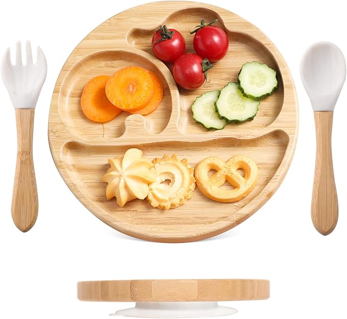 Suction Plates for Baby & Toddler, Bamboo Divided Platter Feeding Dishes with Silicone Fork& Spoon, All-Natural Baby Food Plate Stays for Baby-Led Weaning, Non-Slip Design