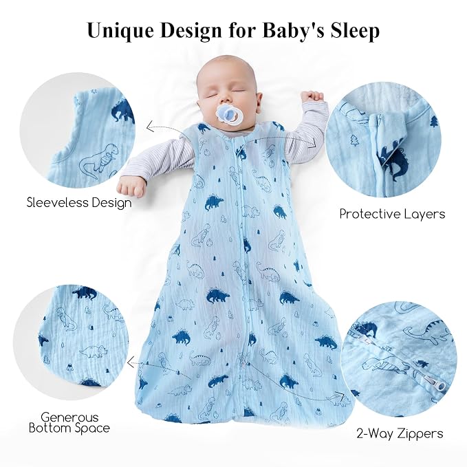 david's kids Muslin Cotton Baby Sleep Sack 6-12 Months, 2 Pack 100% Cotton Sleeping Bag for Summer, TOG 0.5 Baby Wearable Blankets with 2-Way Zipper, Soft Sleep Sacks for Newborn Infant, Dinosaur