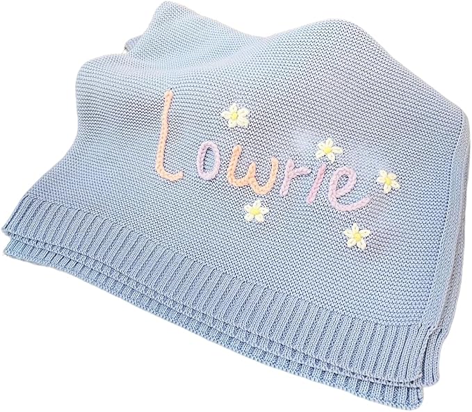 Personalized Hand Embroidered Knit Baby Blanket with Name,Custom Breathable Cotton Nursery Blankets,Newborn Gifts(30x40 inch)