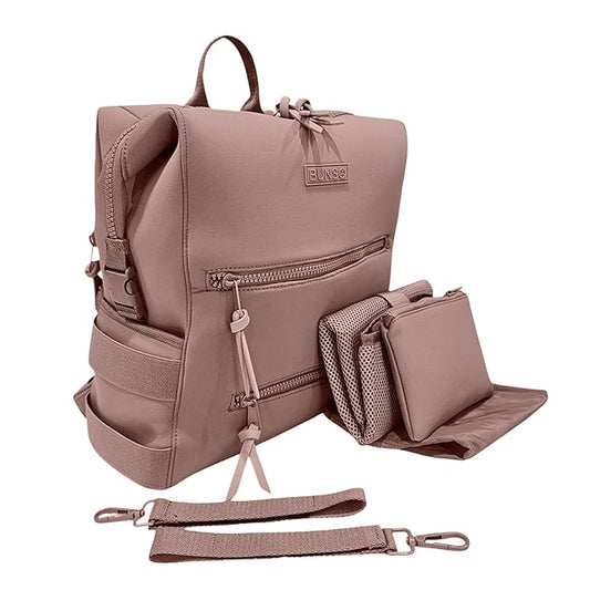 BUNSO Baby Neoprene Diaper Bag, Minimalist Backpack Diaper Bag with Pouch, Changing Pad, and Stroller Straps, Water Resistant and Lightweight Baby Girl Diaper Bag, Diaper Bag Backpack, Mauve