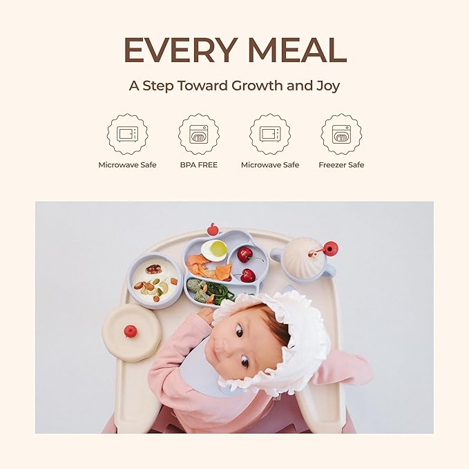 Silicone Baby Feeding Set, Gelato Collection Baby Led Weaning Supplies, First Self-Feeding Ice Cream Set, Silicone Suction Bowl with Cherry Lid & Plate, Straw Cup & Bib, Fork & Spoon