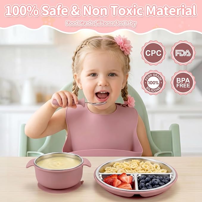 5-in-1 Stainless Steel Baby Feeding Set, Suction Divided Plates, Bowls, Silicone & Stainless Spoon Fork, Baby Tableware for Self-Feeding, Durable, BPA-Free (Pink)