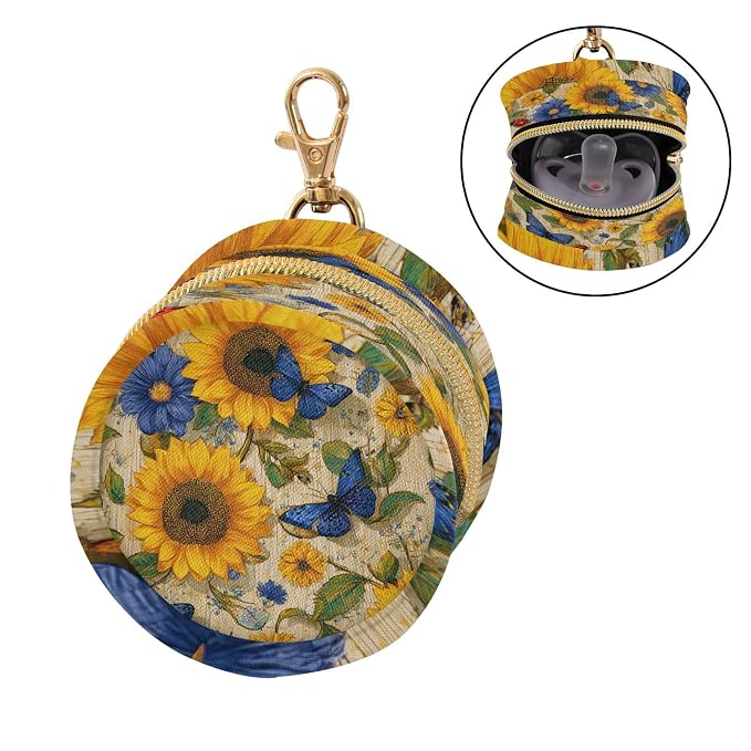 Pacifier Holder with Clip Pacifier Case for Diaper Bag Round Baby Pacifier Pouch Box Bag Portable Beige Sunflower Butterfly Ladybug