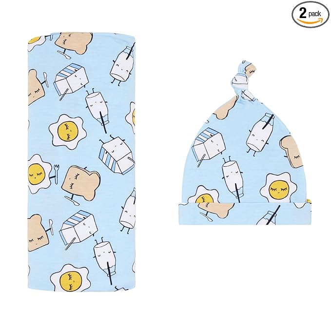 Little Sleepies Swaddle & Hat Set, Baby Swaddles Newborns, Soft Viscose from Bamboo Swaddle Blanket Wrap (Blue Breakfast Buddies)