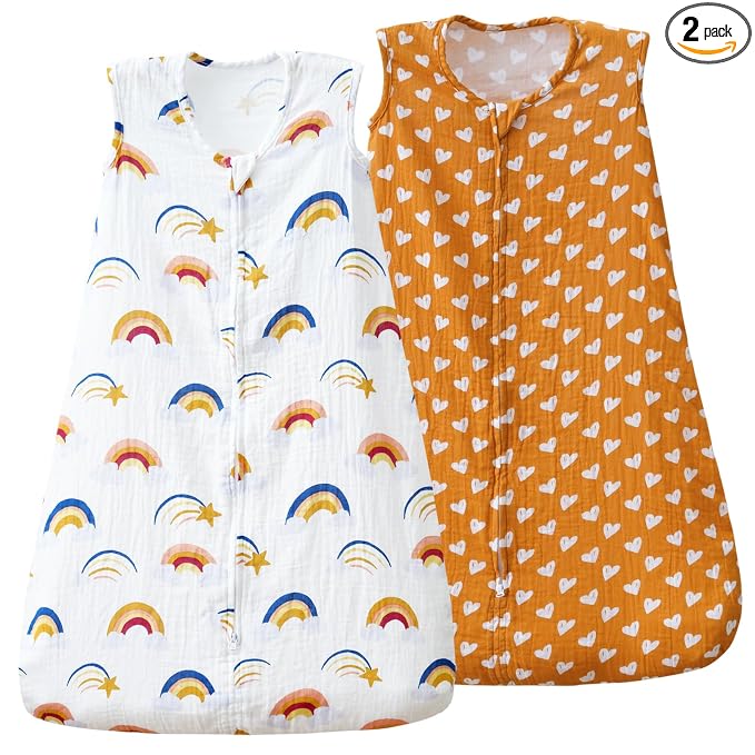 david's kids Muslin Cotton Baby Sleep Sack 0-6 Months, 2 Pack 100% Cotton Sleeping Bag for Summer, TOG 0.5 Baby Wearable Blankets with 2-Way Zipper, Soft Sleep Sacks for Newborn Infant, Rainbow