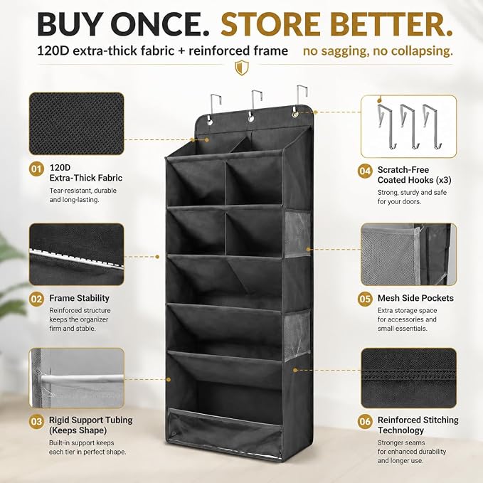 6 Tier Hanging Shoe Organizer – 100D Extra Thick Deep Pockets, Shoe Rack for Closet, Shoe Rack for Entryway, Shoe Organizer for Closet, Over the Door Shoe Organizer with 4 Side Pockets (Dark Gray)
